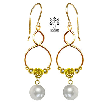 Rosebud crescent Moon twisted Hoop with dangling Freshwater Pearl