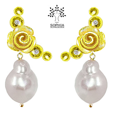 Rosebud Crescent Moon Ear Stud with dangling Freshwater Pearl