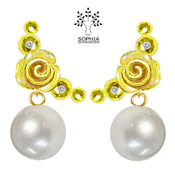 Rosebud Crescent Moon Ear Stud with dangling Freshwater Pearl