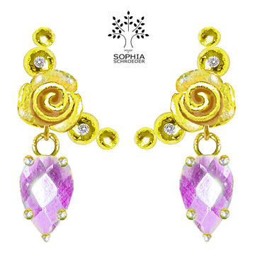 Rosebud Crescent Moon Ear Stud with dangling Spear of Precious Stone