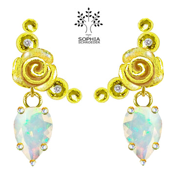 Rosebud Crescent Moon Ear Stud with dangling Spear of Precious Stone