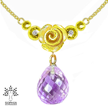 Rosebud Crescent Moon Necklace with dangling Microfacet Precious Stone