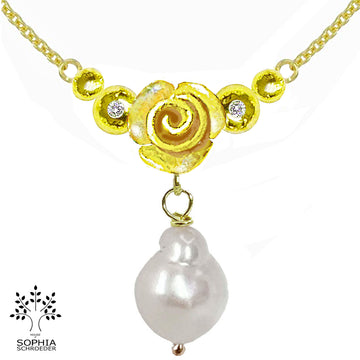 Rosebud Crescent Moon Necklace with dangling Freshwater Pearl
