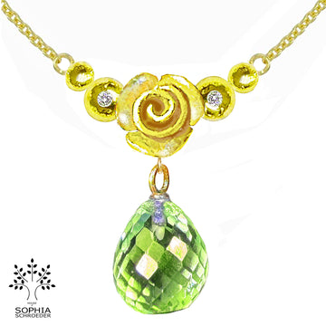 Rosebud Crescent Moon Necklace with dangling Microfacet Precious Stone