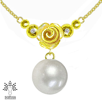 Rosebud Crescent Moon Necklace with dangling Freshwater Pearl