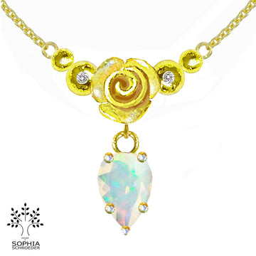 Rosebud Crescent Moon Necklace with dangling fitted Precious Stone