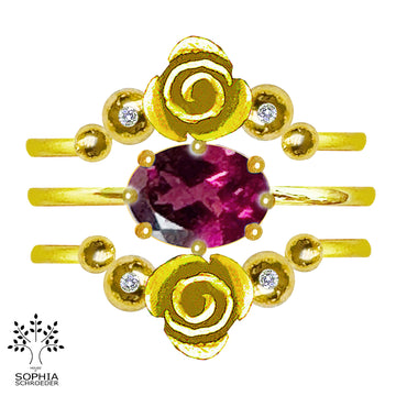 Rosebud crescent Moon Ring set of 2 with precious Stones