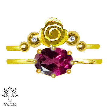 Rosebud crescent Moon Ring set of 2 with precious Stones