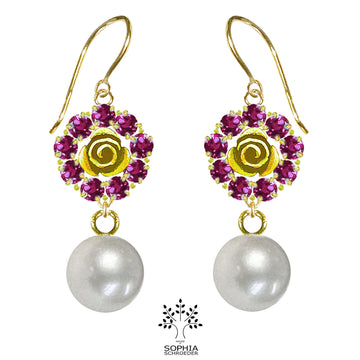 Rosebud Halo Earring with a Dangling Baroque Freshwater Pearl
