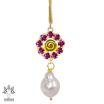 Rosebud Halo Pendant with Dangling Baroque Freshwater Pearl