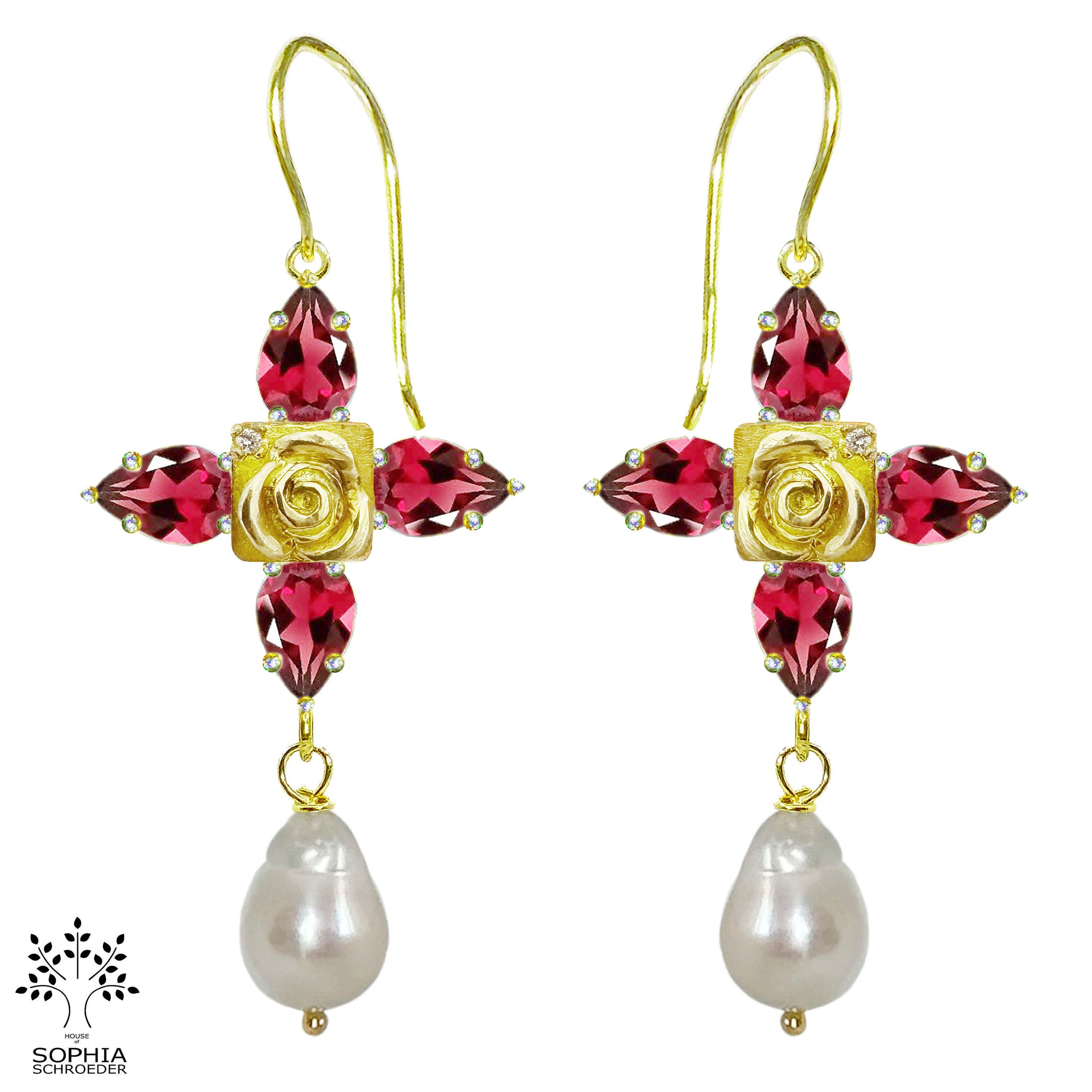 Rosebud Treasure Cross Earring with dangling Baroque Freshwater Pearl