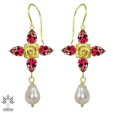 Rosebud Treasure Cross Earring with dangling Baroque Freshwater Pearl