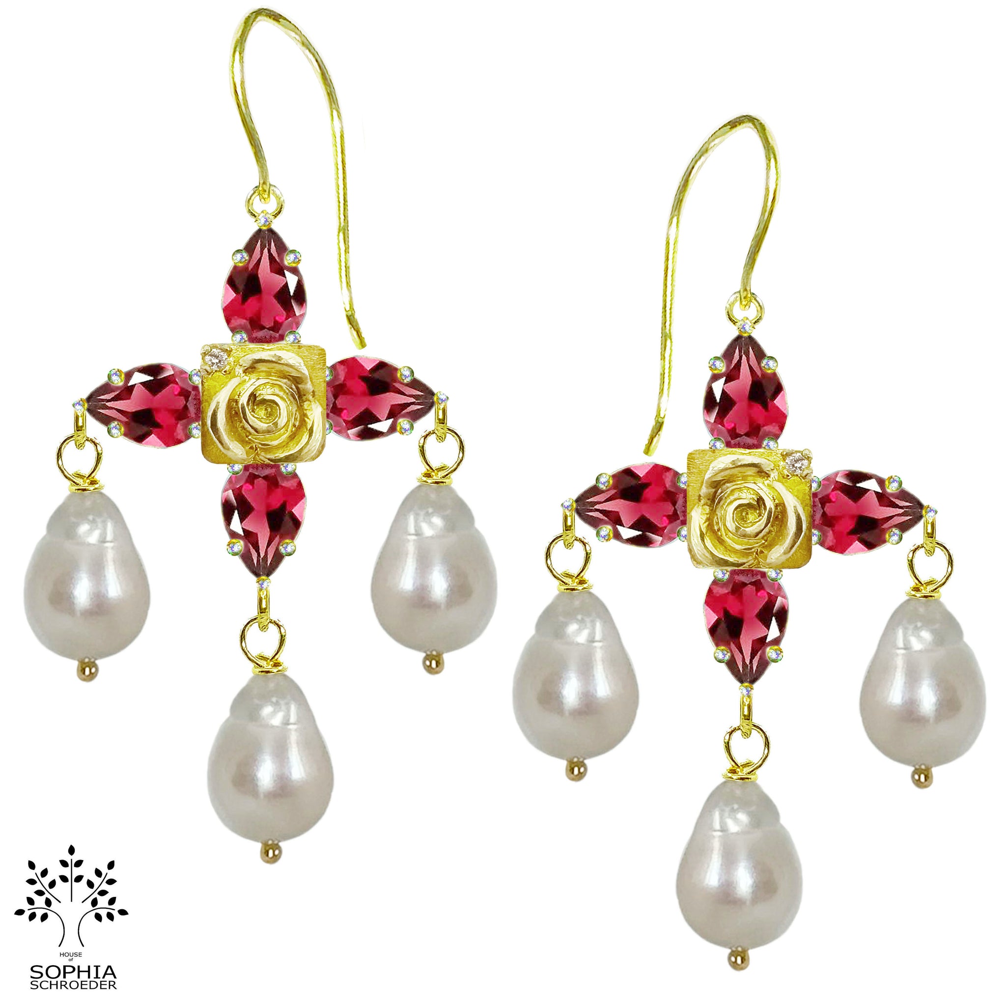 Rosebud Cross Treasure Earrings with  Dangling Baroque Freshwater Pearls