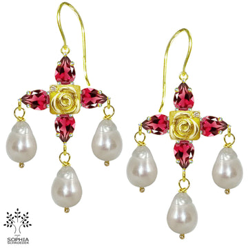 Rosebud Cross Treasure Earrings with  Dangling Baroque Freshwater Pearls