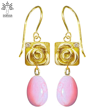 Rosebud Treasure Ear Hooks with Dangling Smoothed Stone
