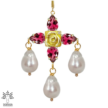 Rosebud Treasure Cross Pendant with dangling Baroque Freshwater Pearls