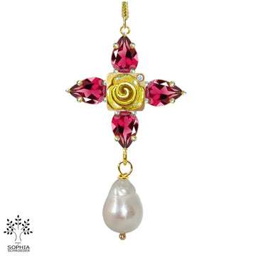 Rosebud Cross Treasure Earrings with  Dangling Baroque Freshwater Pearls