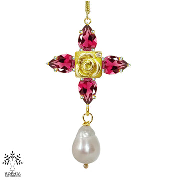 Rosebud Treasure Cross Earring with dangling Baroque Freshwater Pearl